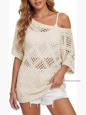 Boho Crochet Tunic Top - Off-Shoulder Beach Cover Up